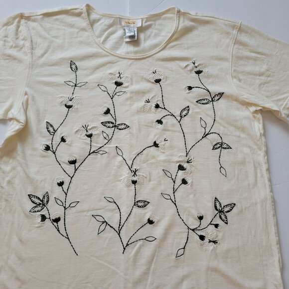 Vtg Talbots Womens Ivory Floral Embroidered Short Sleeve Cotton T-Shirt Size L - Picture 5 of 5
